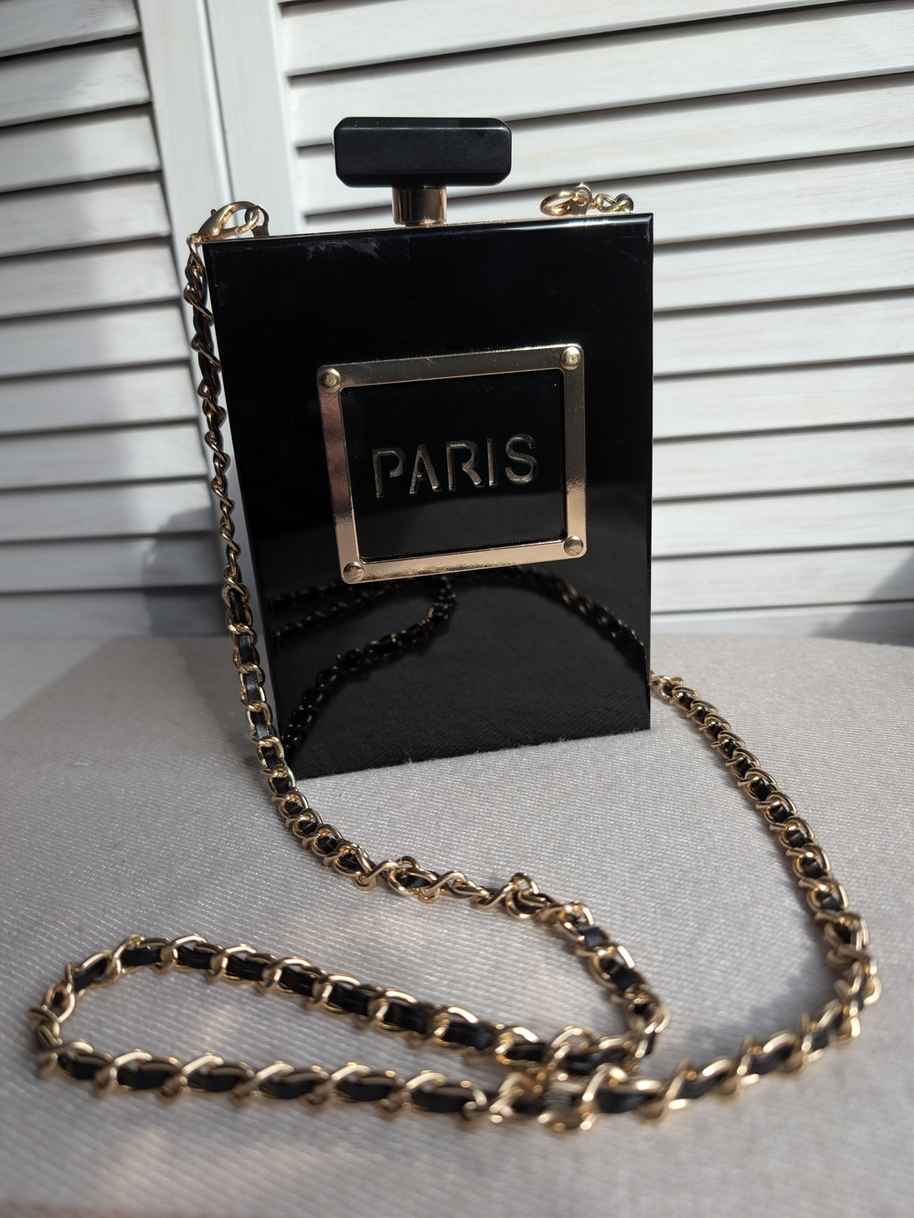 Paris Perfume Bottle Crossbody Bag in Black and Gold
